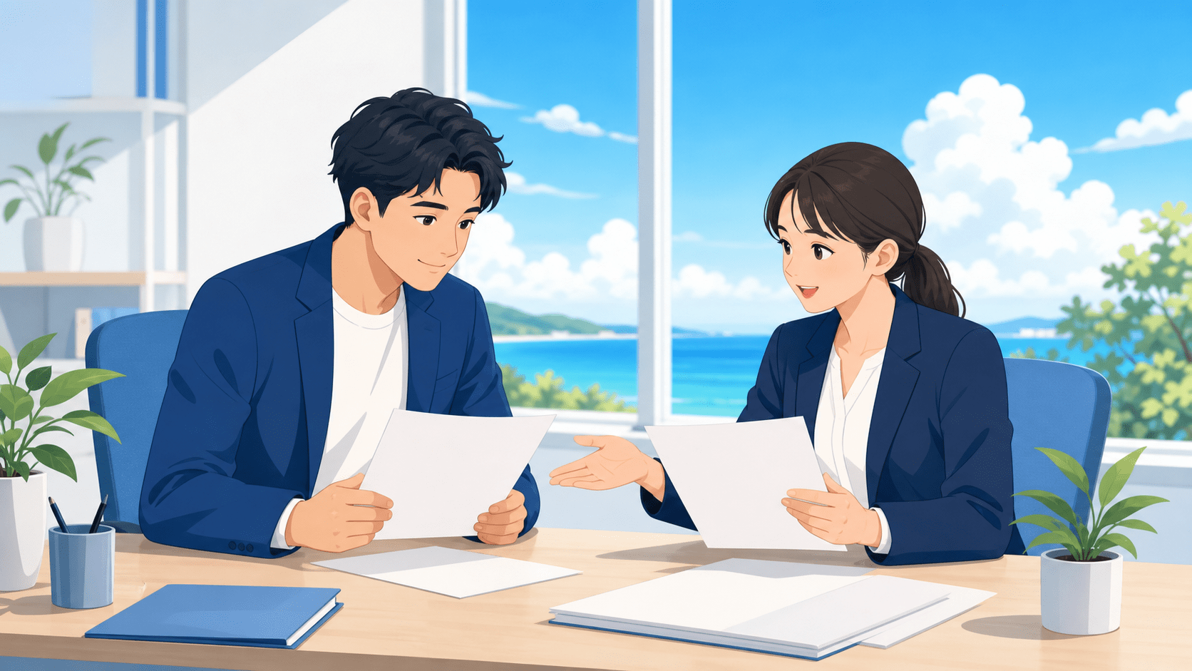 会社設立の定款について相談する行政書士のイメージ