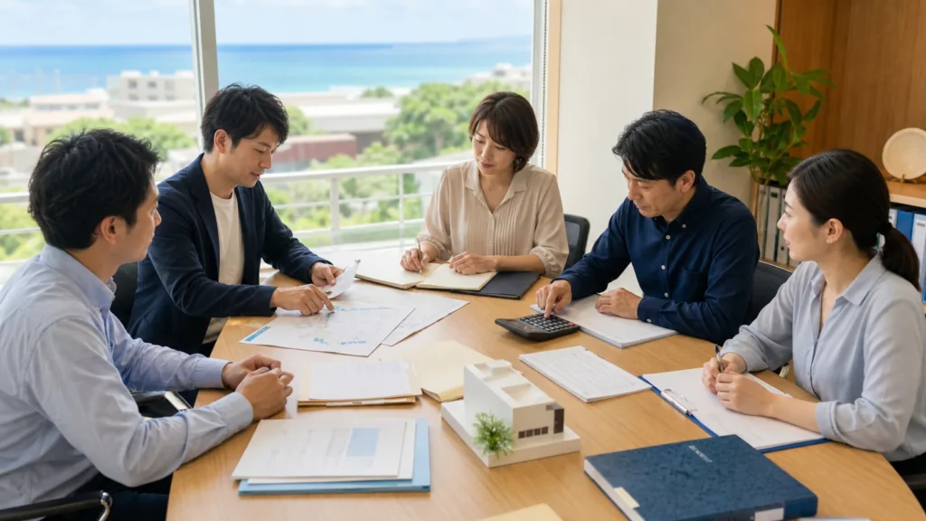 複数の専門家が資料を囲んで役割を話し合う会議のイメージ（行政書士 沖縄 南城 他士業との連携）