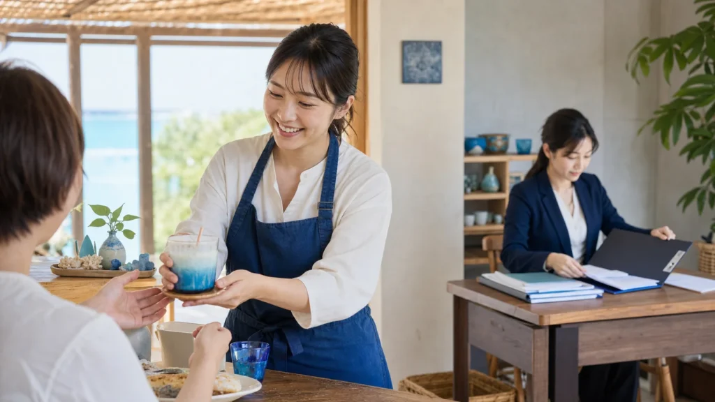 店先の接客に立つ店主と、奥で申請書類の準備を進める専門家のイメージ（行政書士 沖縄 南城 手続き代行）