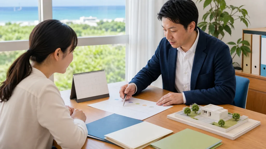 カレンダーを前に手続きの段取りと見通しを説明する専門家のイメージ（行政書士 沖縄 南城 早めの相談）