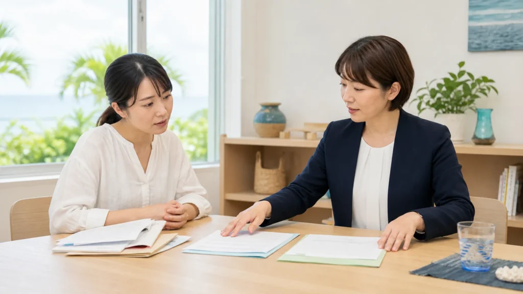 相談者の話を聞きながら書類と悩みごとを整理する専門家のイメージ（行政書士 沖縄 南城 への相談）