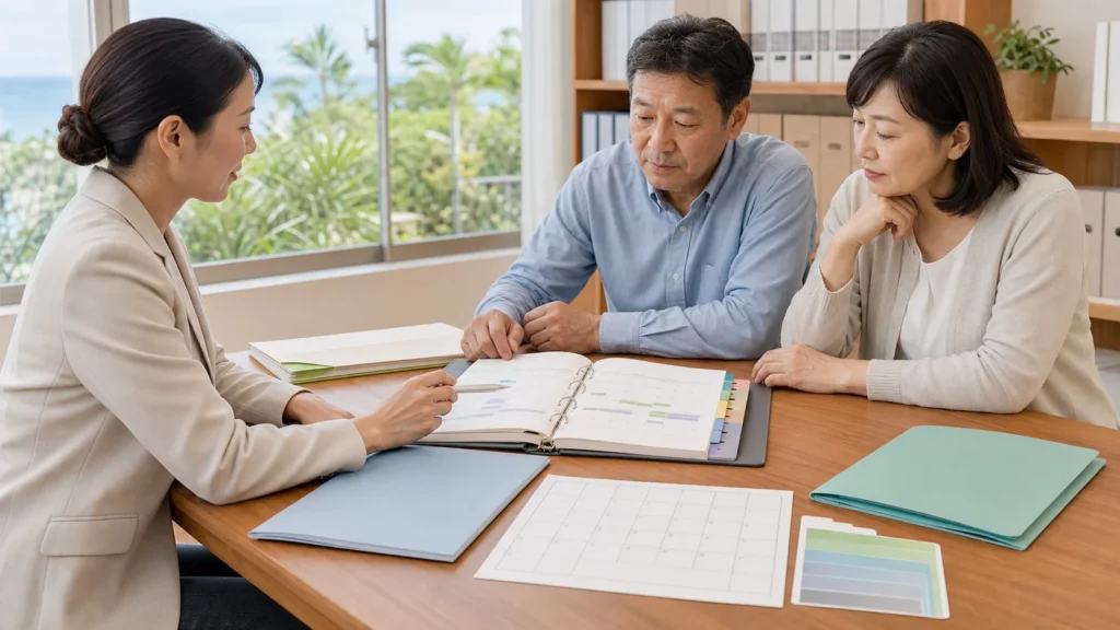 計画ノートを囲んで夫婦の相談に応じる専門家のイメージ（行政書士 沖縄 南城 トラブル予防の相談）