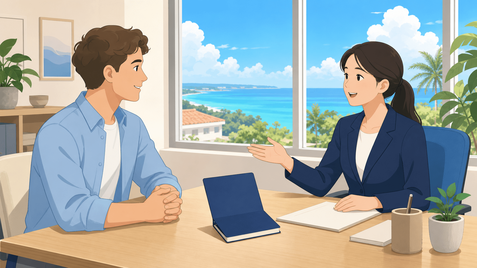 在留資格の相談を受ける行政書士と外国人のイメージ