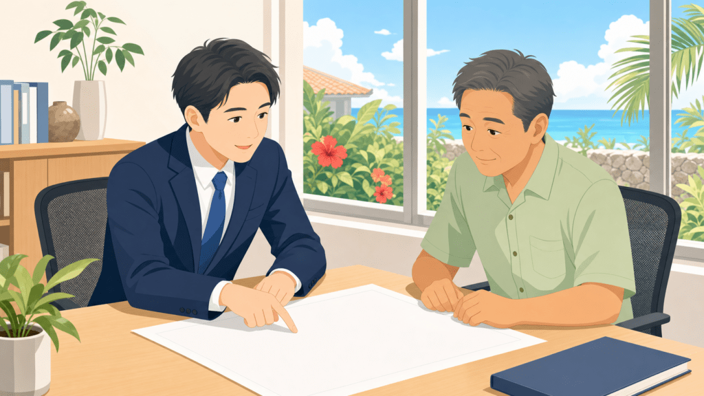 農地の資料を見ながら転用の可否を相談する様子（行政書士 沖縄 南城 農地転用）