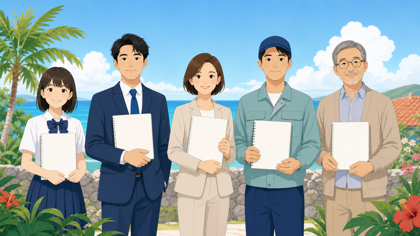 年齢や立場の異なる人たちが並んで受験を検討するイメージ（行政書士試験の受験資格・沖縄 南城の行政書士事務所）