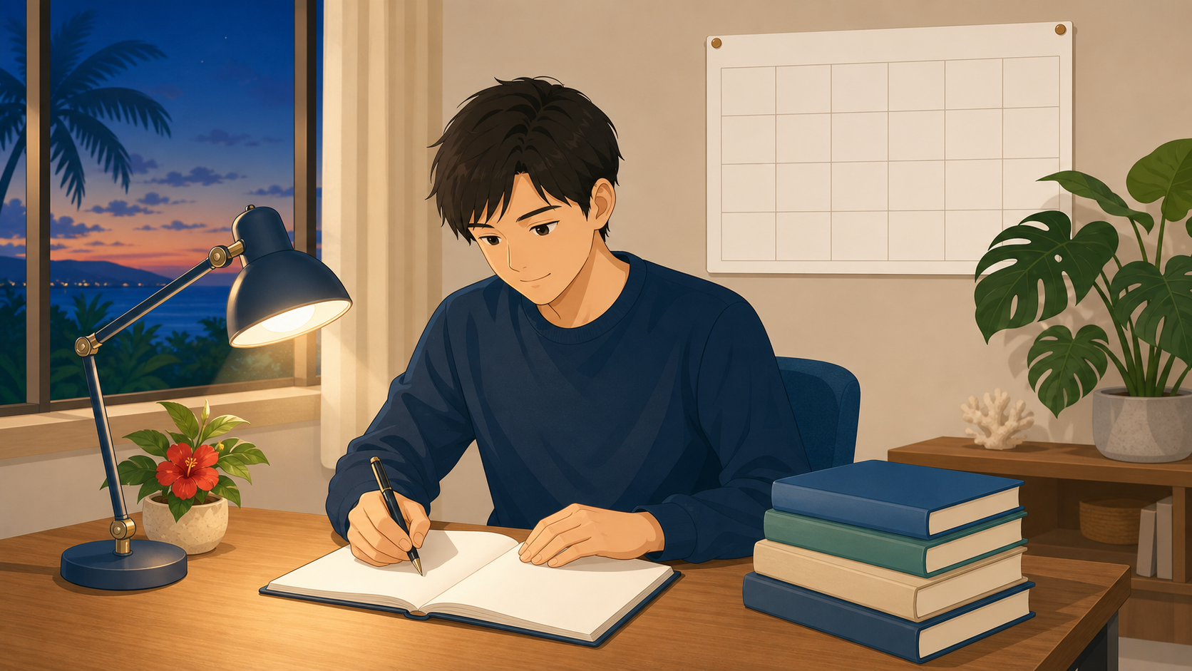 机に向かって学習計画を立てる受験予定者のイメージ（行政書士試験の準備・沖縄 南城の行政書士事務所）