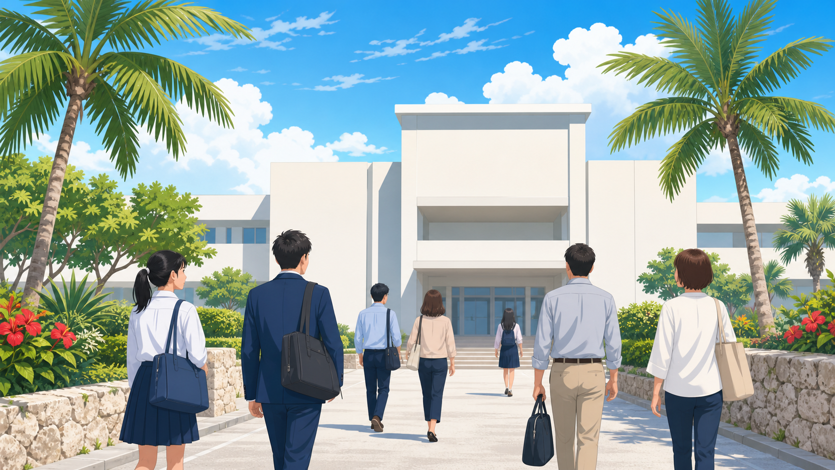 亜熱帯の緑に囲まれた校舎へ向かう受験者のイメージ（沖縄の行政書士試験の会場・南城の行政書士事務所）