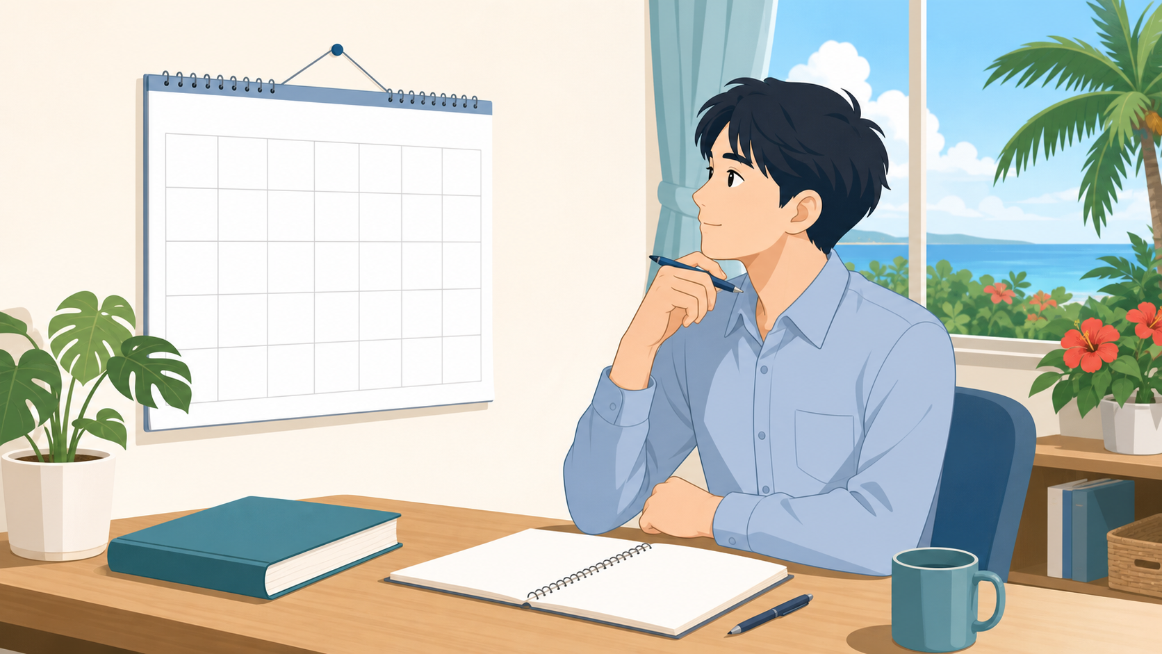 カレンダーと参考書を前に行政書士試験の日程を確認する受験予定者のイメージ（沖縄・南城の行政書士事務所）