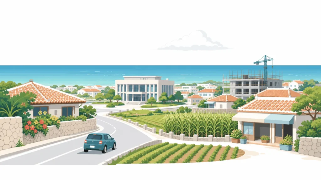赤瓦の家・建設現場・農地・車・店舗などが並ぶ沖縄の町のイラスト（行政書士 沖縄 南城 の取扱業務のイメージ）