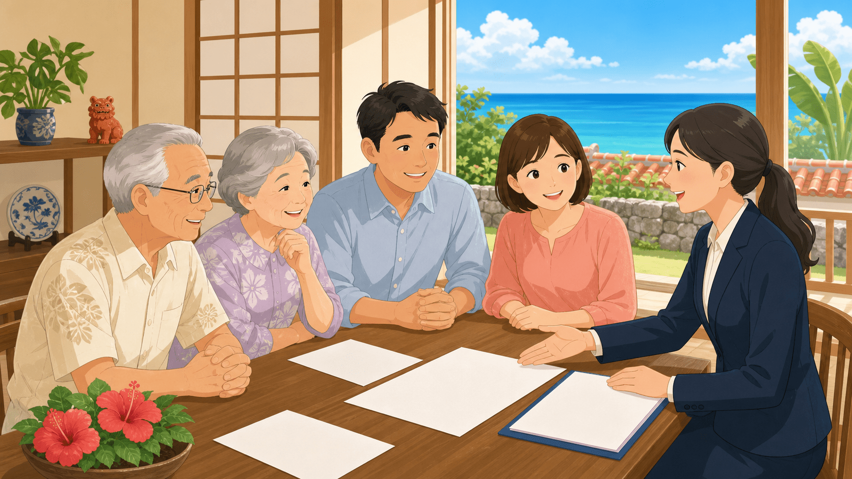 沖縄の自宅で相続の相談をする三世代の家族と行政書士のイメージ