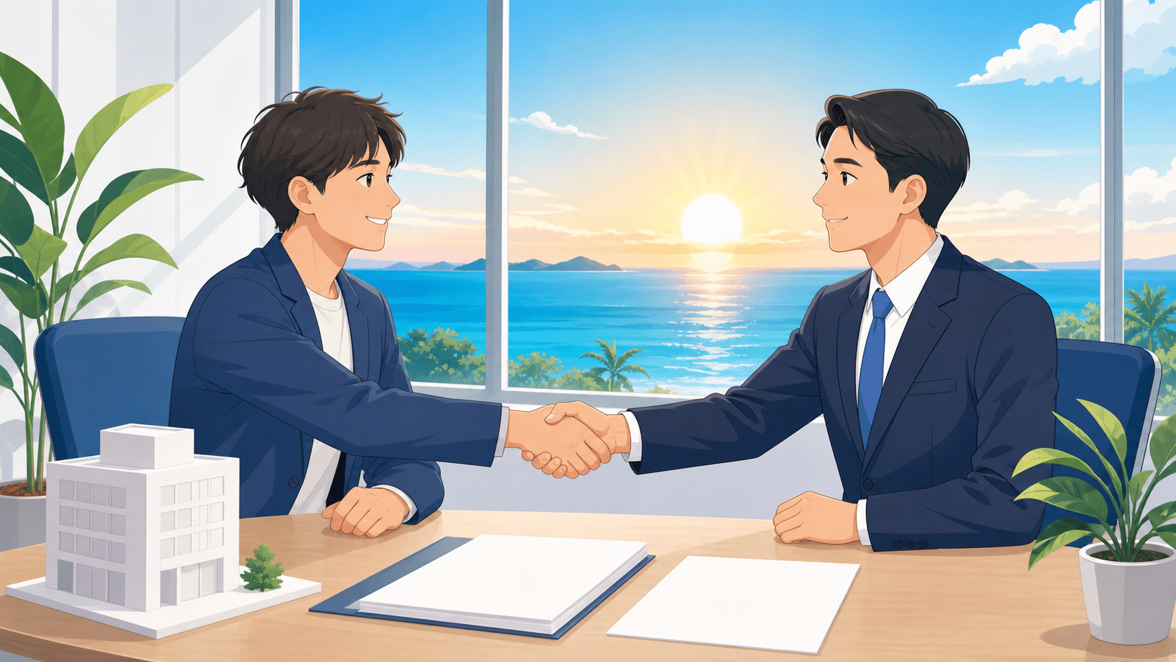 沖縄で会社設立を相談する起業家と行政書士のイメージ