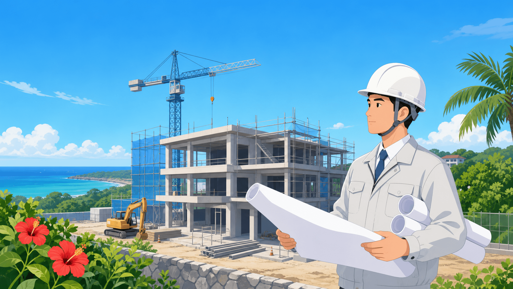 沖縄の建設現場と設計図を確認する施工業者（建設業許可サポートのイメージ）
