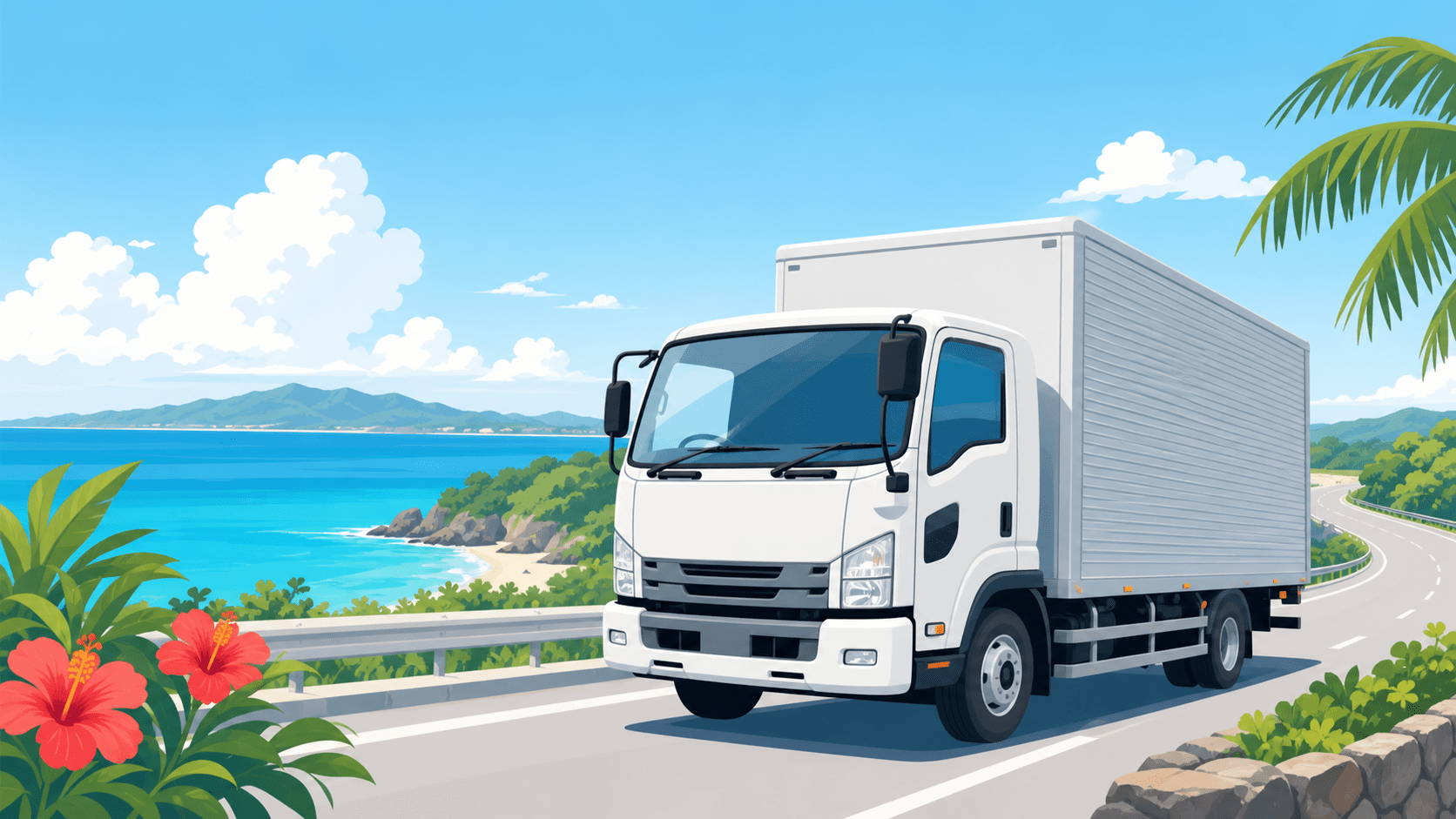 沖縄の道路を走る運送業のトラックのイメージ(運送業許可・届出のサポート)