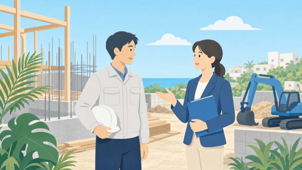 沖縄の建設現場で施工業者と費用を相談する行政書士のイメージ（南城）