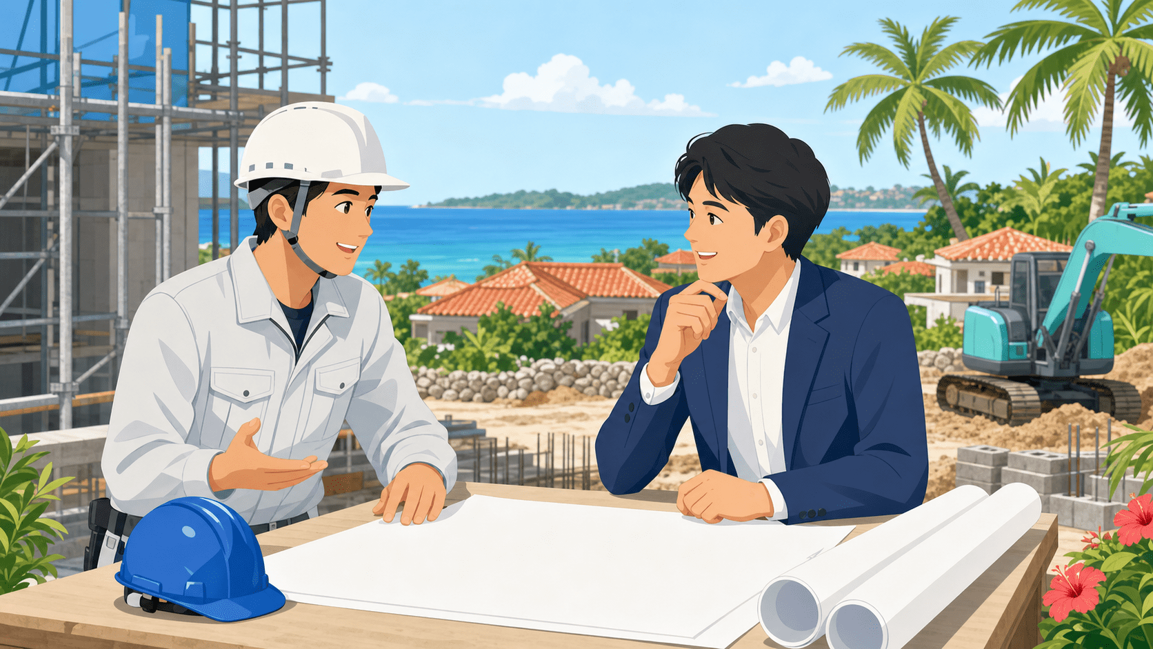 沖縄の建設現場で施工業者と打ち合わせをする相談担当のイメージ