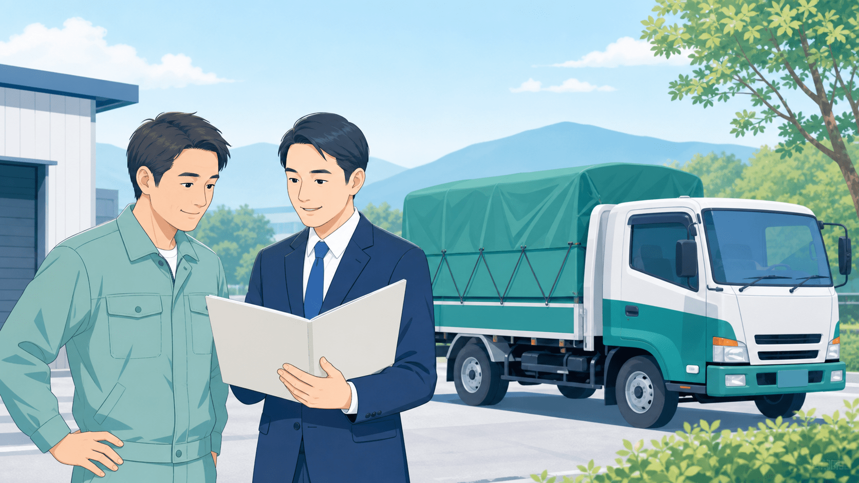 産廃収集運搬業許可を相談する事業者と行政書士のイメージ