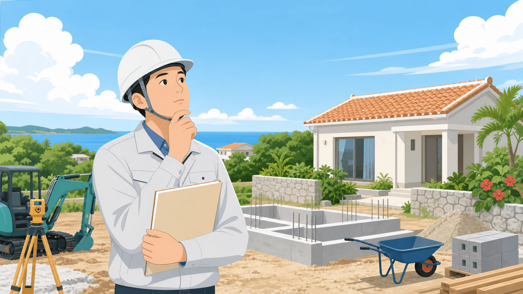住宅の建設現場で許可の要否を検討する施工業者（沖縄）