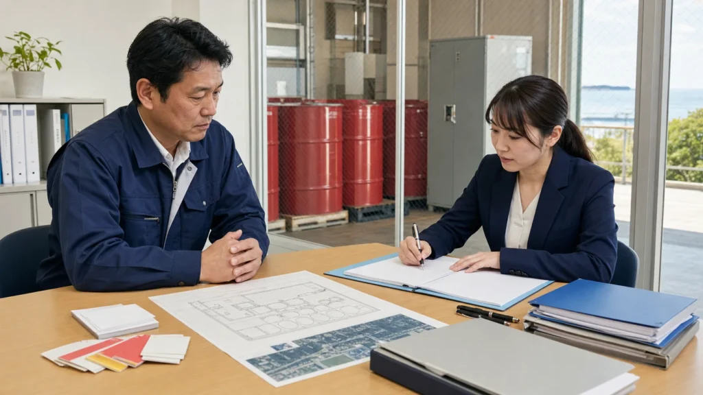 危険物のドラム缶が並ぶ保管場所のそばで図面を確認しながら打ち合わせるイメージ（行政書士 沖縄 南城 危険物の届出）