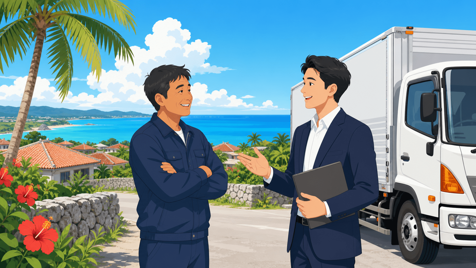 沖縄の風景の中でトラック事業者と打ち合わせをする相談担当のイメージ