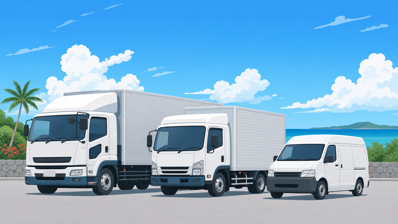 大型トラックと軽貨物車など貨物自動車運送事業の種類を表したイメージ(沖縄)