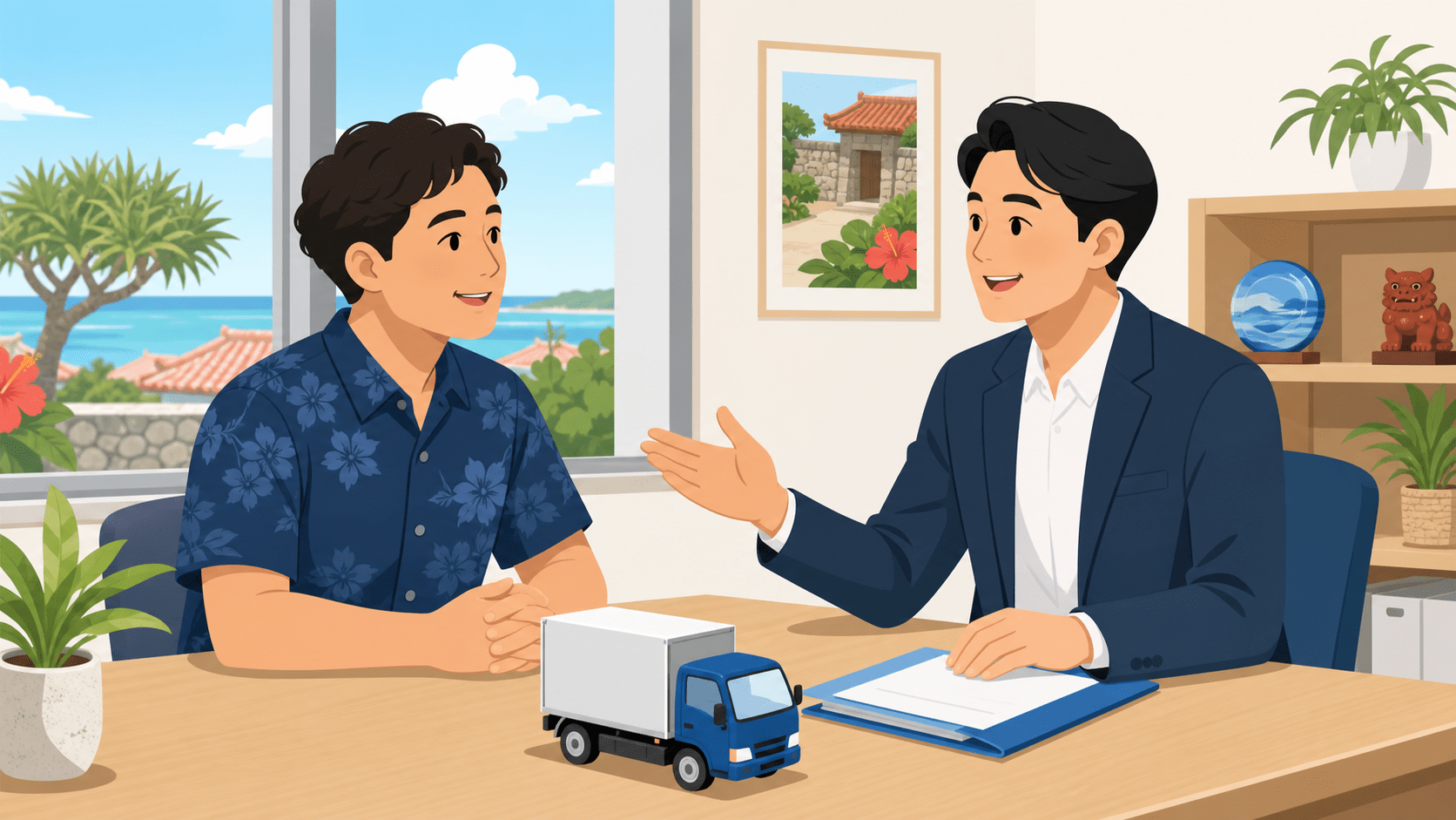 沖縄で運送業(貨物自動車運送事業)の開業を相談する事業者のイメージ