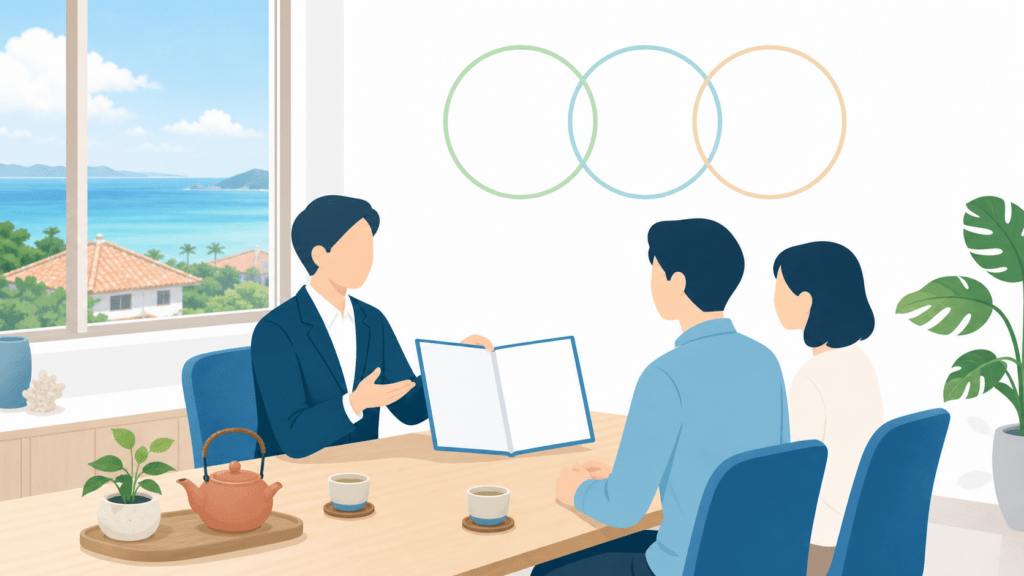 明るい事務所で相談者夫婦に書類を説明する相談員のイラスト（行政書士 沖縄 南城 の当事務所の特徴）