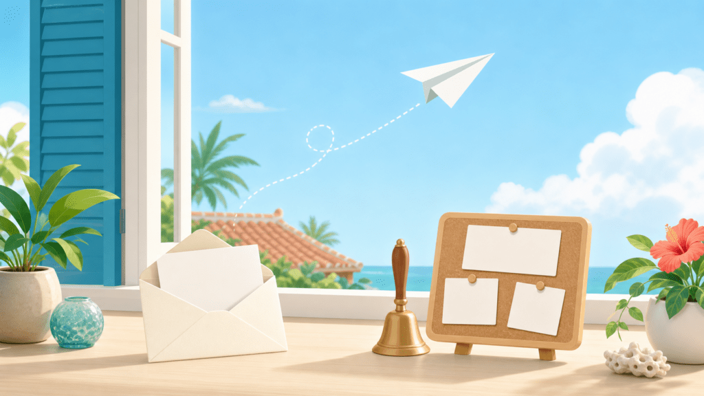 封筒から紙飛行機が飛び立つお知らせのイメージイラスト（行政書士 沖縄 南城 の新着情報）